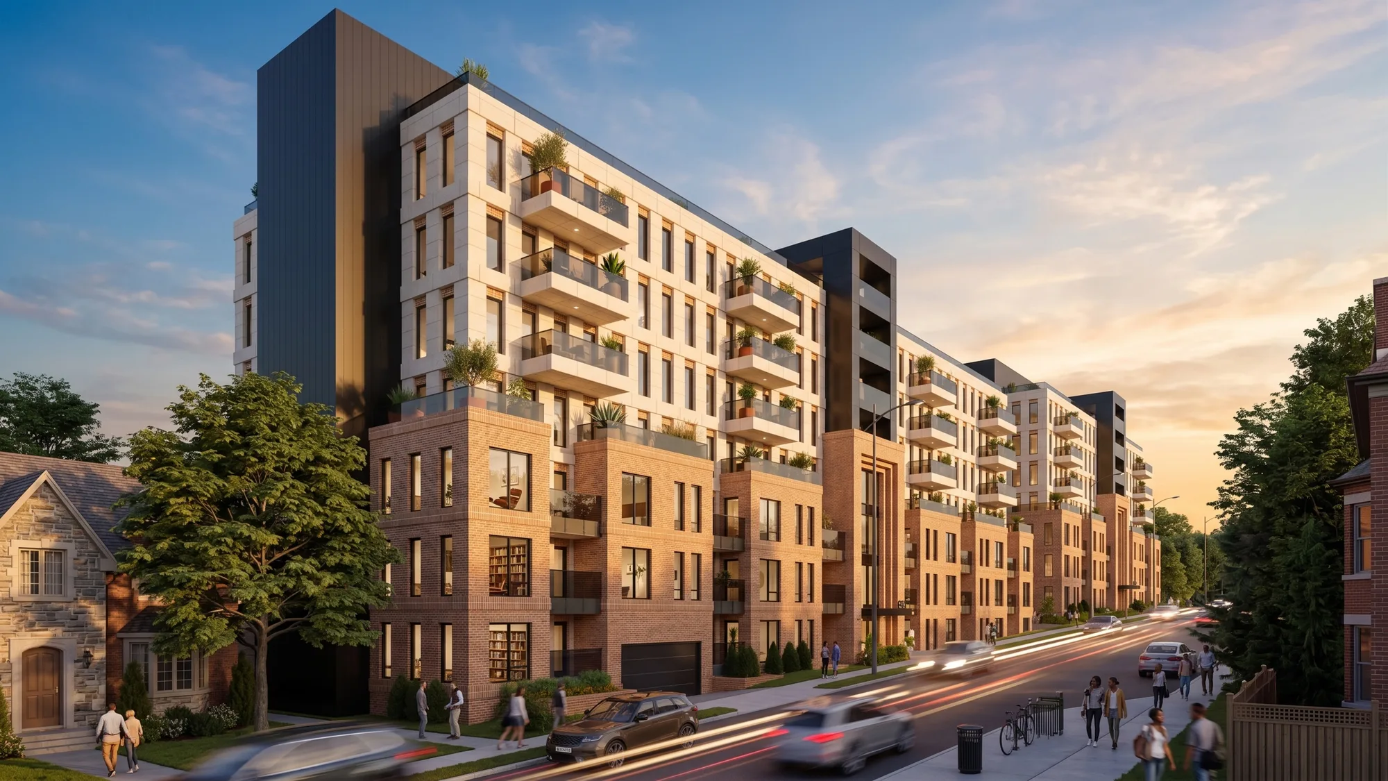 The Gateway — twin brick residences at dusk on Bayers Road